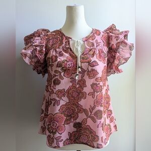 NWT..  Elie Tahari 100% Woven Cotton Floral Blouse with Ruffled Sleeves Size M/L